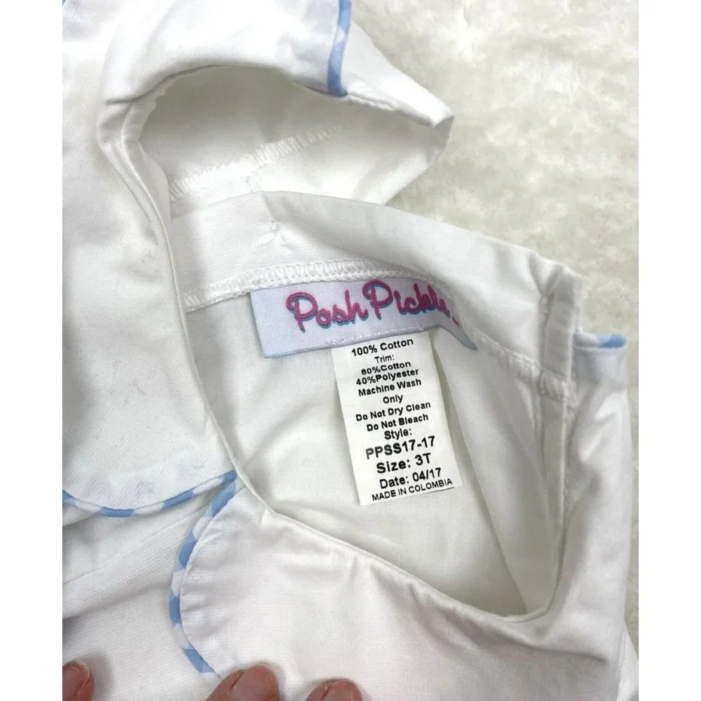 Posh Pickle Boys 3T Shortall White with Sailboat Blue Gingham Trim‎ NWT Lined